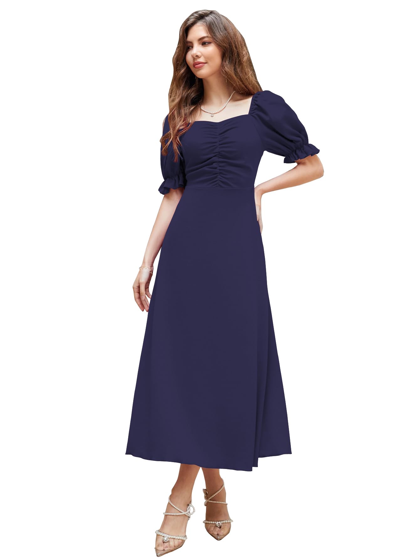 Shasmi GirlS & WomenS Solid Navy Blue A-Line Ruched Puff Sleeve Maxi Long Evening One Piece Long Dress For Women Stylish (Dres