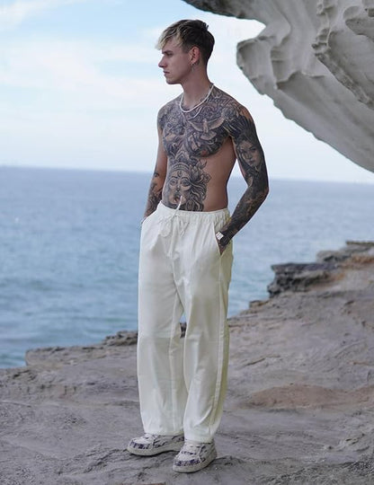 CB-COLEBROOK Mens Casual Linen Pants Elastic Waist Pants Drawstring Summer Beach Yoga Linen Trouser | Loose Fit Track Pants (in,
