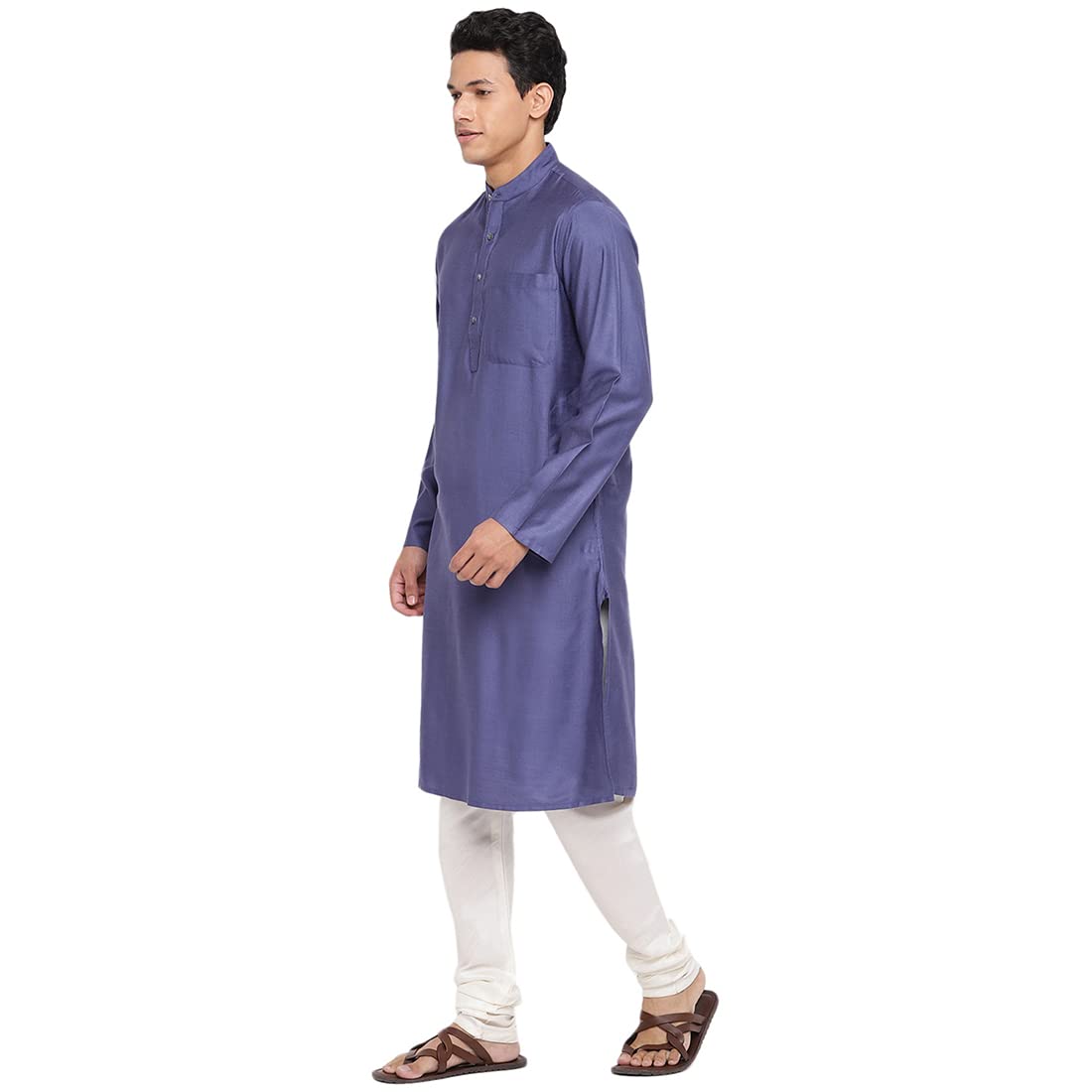 Fabindia MenS Viscose Silk Woven Slim Kurta (102591103_Blue