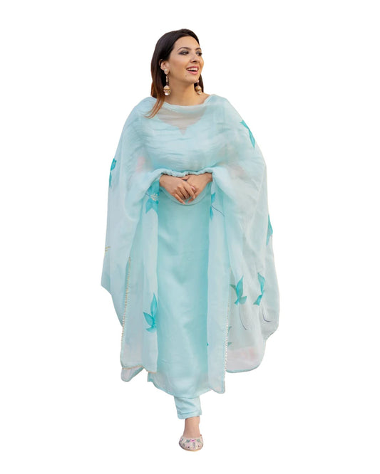 GoSriKi Women's Cotton Blend Straight Solid Kurta with Pant & Dupatta (Resoti_New-GS)