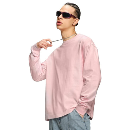 Bewakoof Mens Plain Solid 100% Cotton T-Shirt- Oversized Fit, Round Neck, Long Sleeve Pink