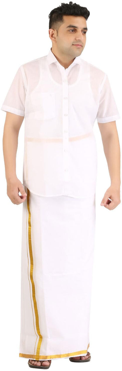 PRAKASAM COTTON Mens Half Sleeve Shirt With Double Dhoti Set