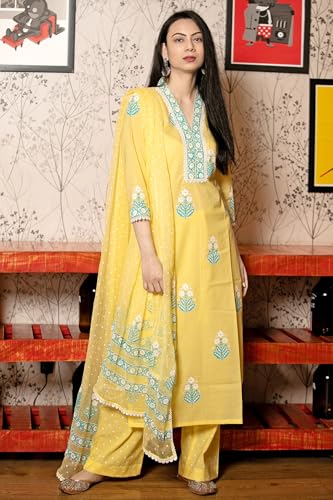 GoSriKi Women's Cotton Blend Straight Kurta with Trousers & Dupatta, 3XL, Mustard, Model: Belagavi Mustard-GS
