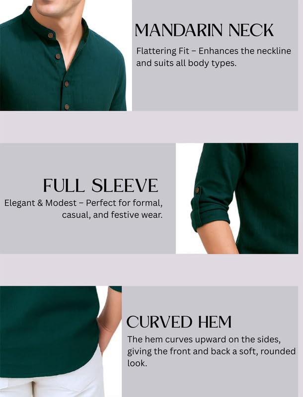 Deelmo MenS Cotton Blend Solid Regular Fit Full Sleeve Short Kurta | MenS Trendy Short Kurta Dark Green
