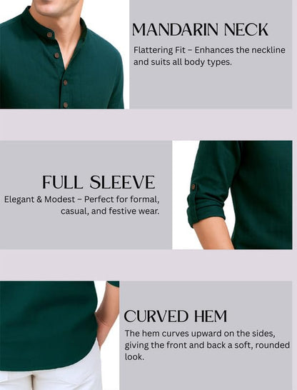 Deelmo MenS Cotton Blend Solid Regular Fit Full Sleeve Short Kurta | MenS Trendy Short Kurta Dark Green