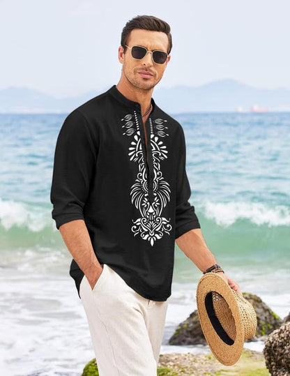 Finivo Fashion MenS Cotton Blend Short Kurta With Bold Printed Front Design | Full Sleeve Ethnic Casual Kurta With Mandarin Coll