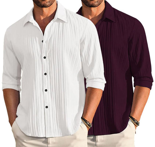 Deelmo Combo Of MenS Casual Button Down Shirts Long Sleeve Linen Shirt Fashion Textured Summer Shirts Pack Of 2 White - Purple