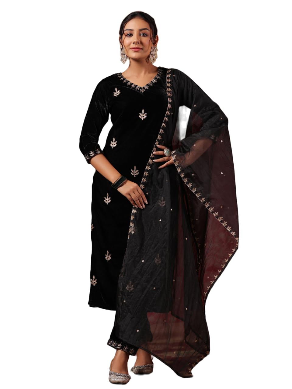 Ishin WomenS Velvet Zari Work Black Straight Kurta Suit Set With Trousers And Dupatta