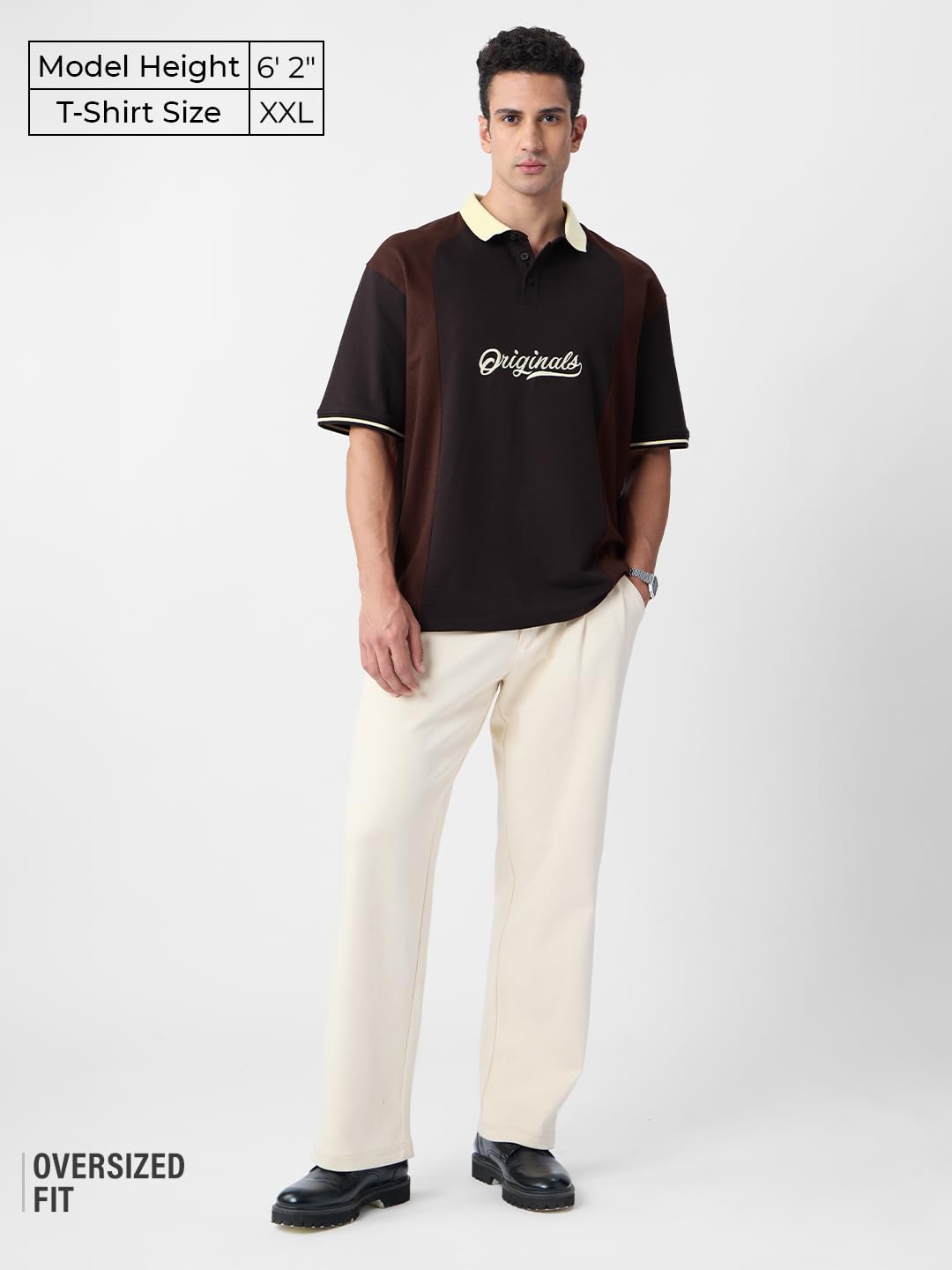 The Souled Store Originals: Dark Brown Men and Boys Short Sleeves Polo Collar Cream Colour Block Cotton Oversized T-Shirts