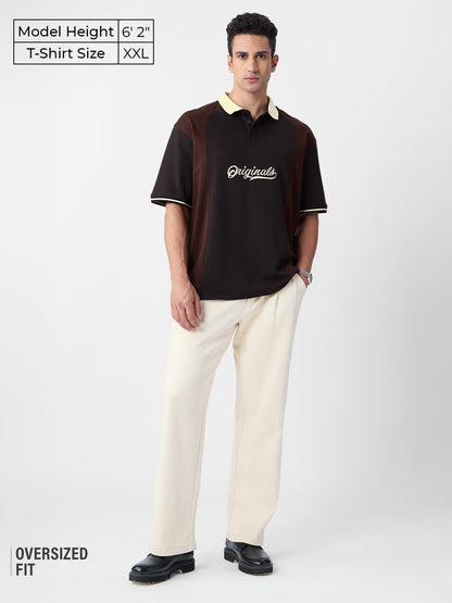 The Souled Store Originals: Dark Brown Men and Boys Short Sleeves Polo Collar Cream Colour Block Cotton Oversized T-Shirts