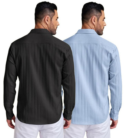 Deelmo Combo Of MenS Casual Button Down Shirts Long Sleeve Linen Shirt Fashion Textured Summer Shirts Pack Of 2 Black - Sky Blu