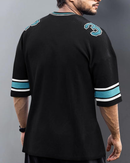 Eyebogler Oversized Loose Fit Drop Shooulder 3/4Th Sleeves Cotton Blend Baggy Printed T-Shirt For Men Black