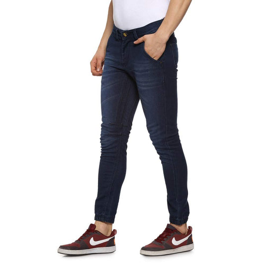Campus Sutra Mens Blue Cinched Hem Denim Jeans for Casual Wear | Medium-Wash | Regular Fit | Drawstring Closure | Cotton Denim