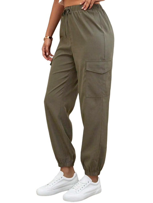 TAGAS Womens Solid Flap Pocket Side Drawstring Waist Cargo Pants || Cargo for Women Khaki