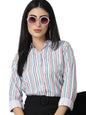 Style Quotient Women Pink and Blue Striped Regular Formal Shirt