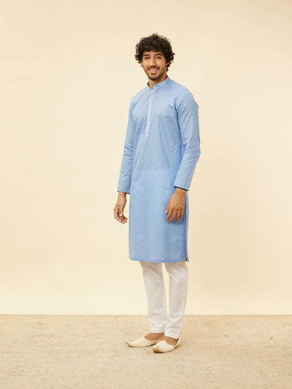 Manyavar Mens Blue Cotton Self Design Kurta Pyjama Set