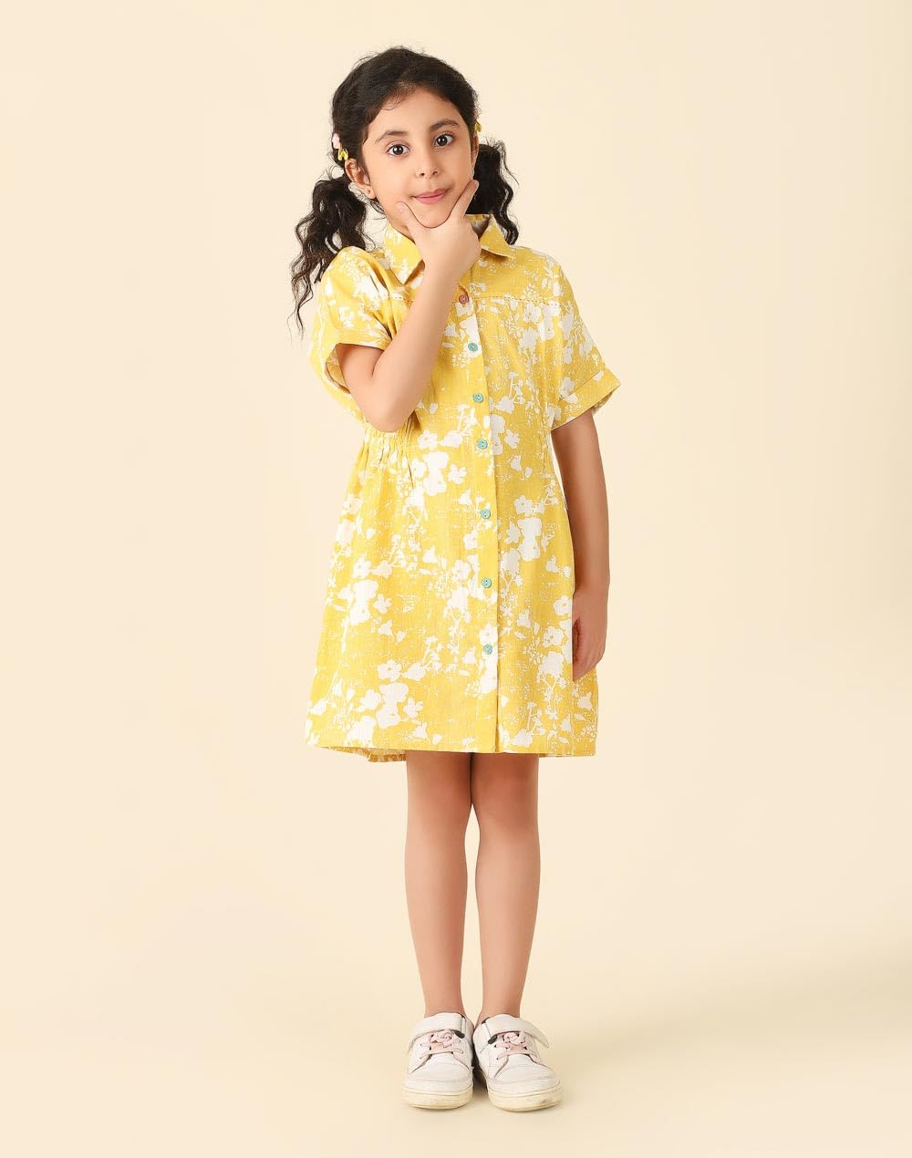 Fabindia Girl's Cotton Linen Shirt Knee Length Dress (1035476YELLOW_Yellow