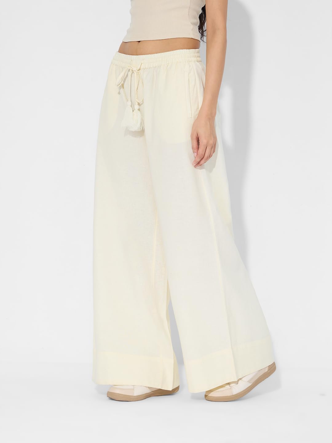 The Souled Store Cotton Linen Pant: Pristine Women and Girls Drawstringed Wide Leg Fit Cotton Linen Pants