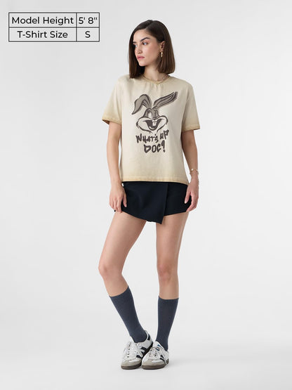 The Souled Store Bugs Bunny: Whats Up Doc Women and Girls Short Sleeves Round Neck Beige Graphic Printed Cotton Relaxed Fit T-S