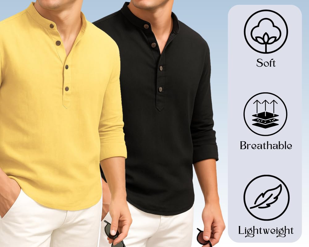 Deelmo Combo Of MenS Cotton Blend Solid Regular Fit Full Sleeve Short Kurta | MenS Trendy Short Kurta Pack Of 2 Yellow - Black