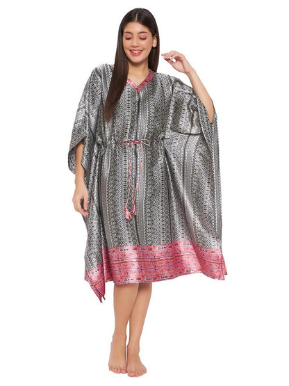 Clovia Womens Satin Printed Short Kaftan (NS6529R05_Grey_XL-XXL)