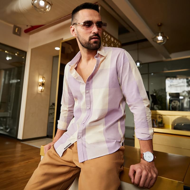 Campus Sutra Mens White & Lilac Buffalo Check Button Up Regular Fit Shirt for Casual Wear | Cotton Spread Collar Shirt Crafted