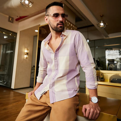 Campus Sutra Mens White & Lilac Buffalo Check Button Up Regular Fit Shirt for Casual Wear | Cotton Spread Collar Shirt Crafted