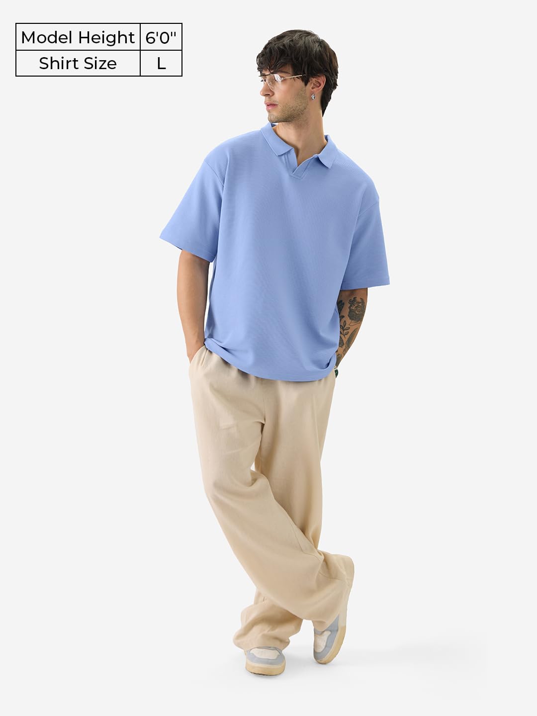 The Souled Store Solids: Pastel Blue Men and Boys Short Sleeves Collared Neck Textured Cotton Blend Oversized Polos