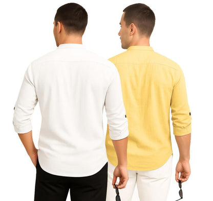 Deelmo Combo Of MenS Cotton Blend Solid Regular Fit Full Sleeve Short Kurta | MenS Trendy Short Kurta Pack Of 2 White - Yellow