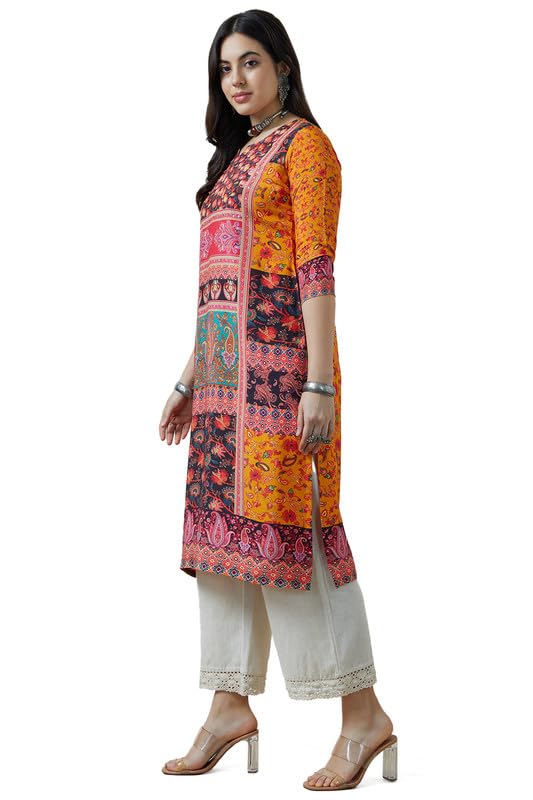 Soch Womens Mustard Viscose Muslin Ethnic Motifs Kurta With Sequins