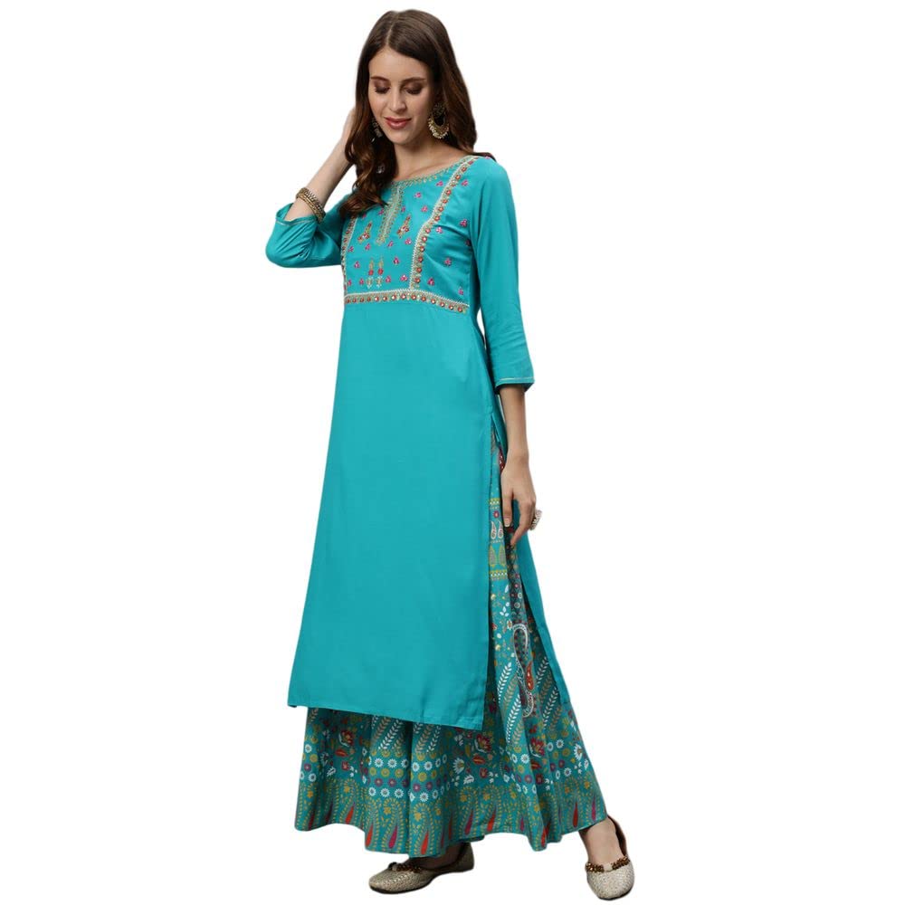 anubhutee Women's Blue Floral Embroidered Sequinned Cotton Straight Kurta Suit Set with Skirt