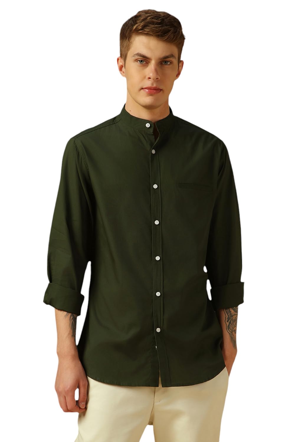 Dennis Lingo MenS Dk Olive Full Sleeve Mandarin Collar Solid Regular Fit Casual Shirt