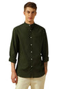 Dennis Lingo MenS Dk Olive Full Sleeve Mandarin Collar Solid Regular Fit Casual Shirt