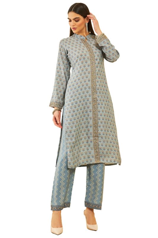 Soch Womens Blue Muslin Floral Printed Kurta Set With Zari Detailed