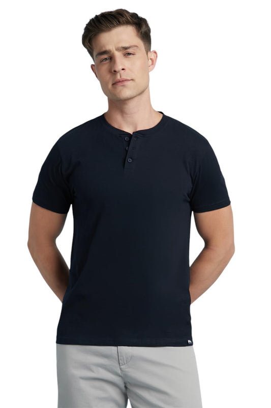 Dennis Lingo Men Cotton Slub Regular Fit Solid T-Shirts Navy Blue