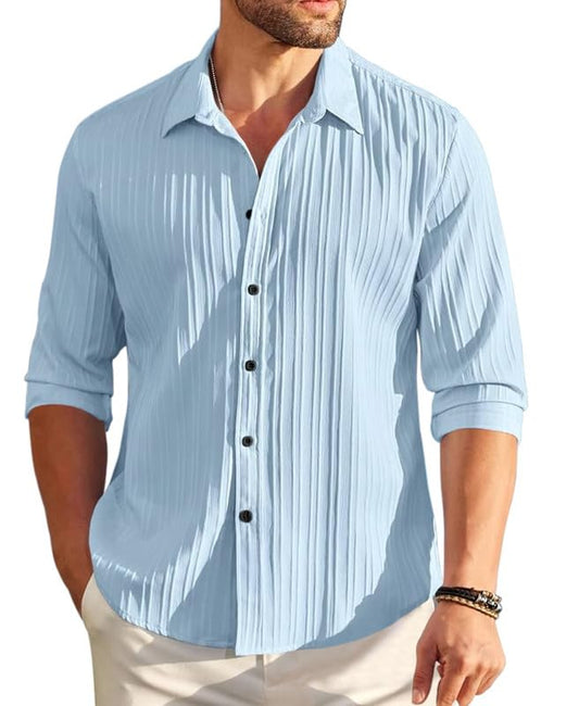Macsivo MenS Casual Button Down Shirts Long Sleeve Linen Shirt Fashion Textured Beach Summer Shirt Sky