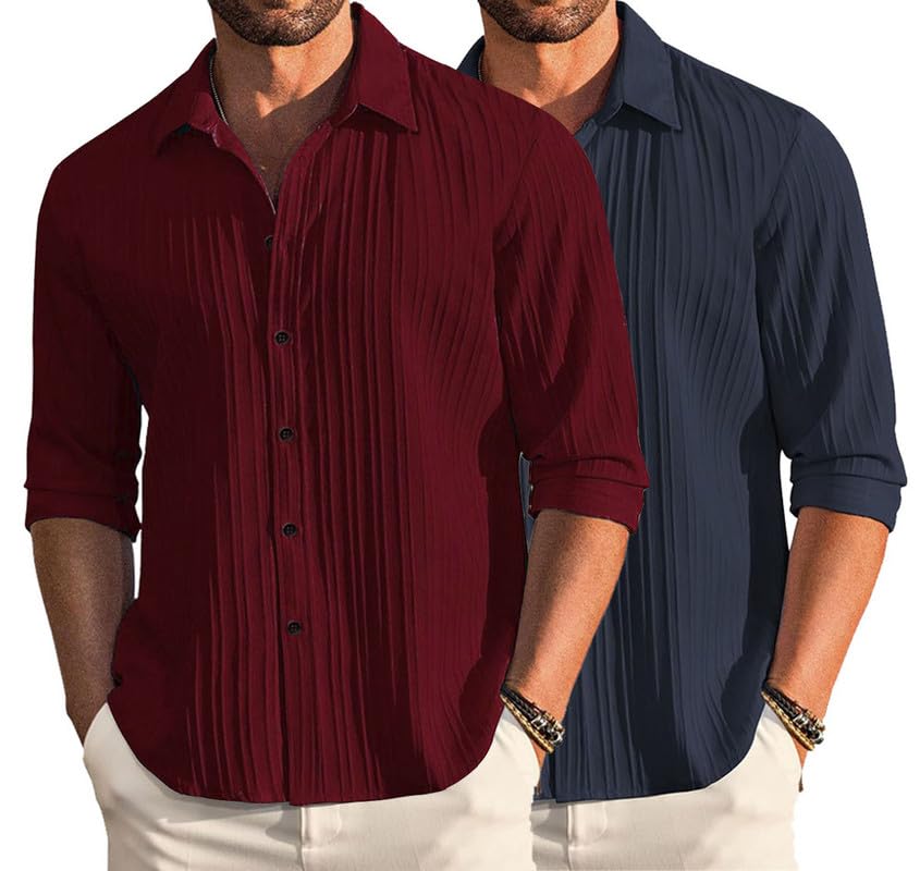 Deelmo Combo Of MenS Casual Button Down Shirts Long Sleeve Linen Shirt Fashion Textured Summer Shirts Pack Of 2
