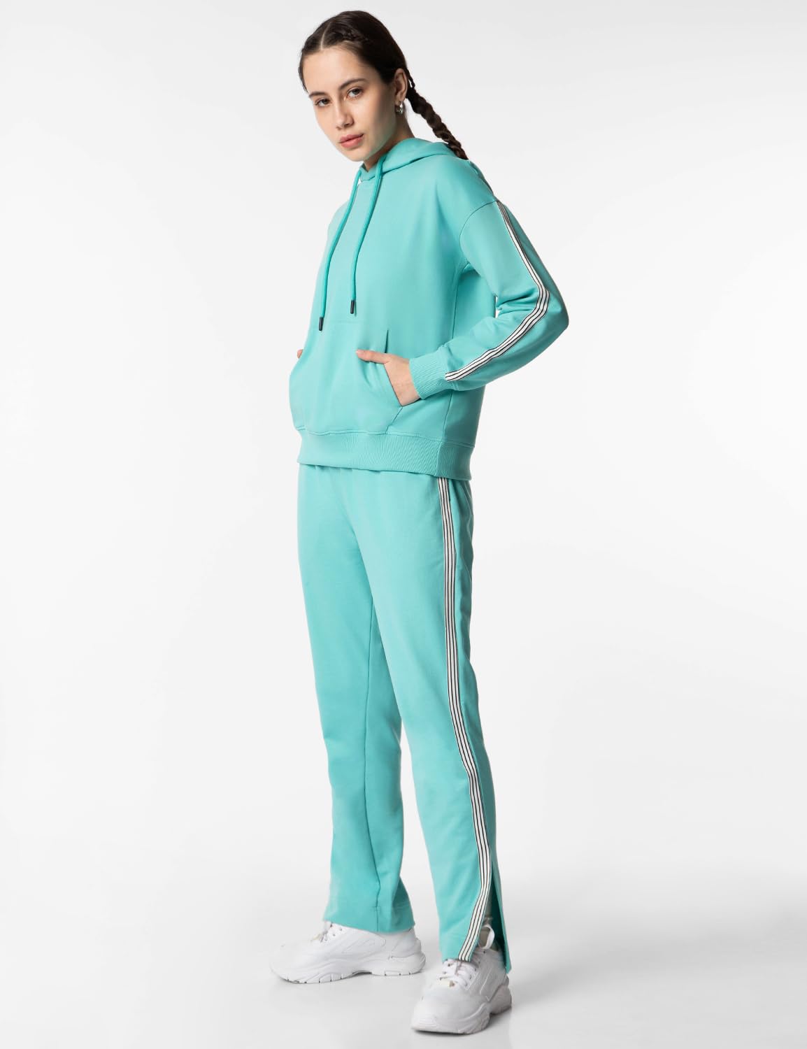 FYLTR Womens Drop Shoulder Hoodie & Joggers Set With Contrast Branded Tape on Sleeve and Jogger Side Seam - Rib Hem & Cuff | Sl