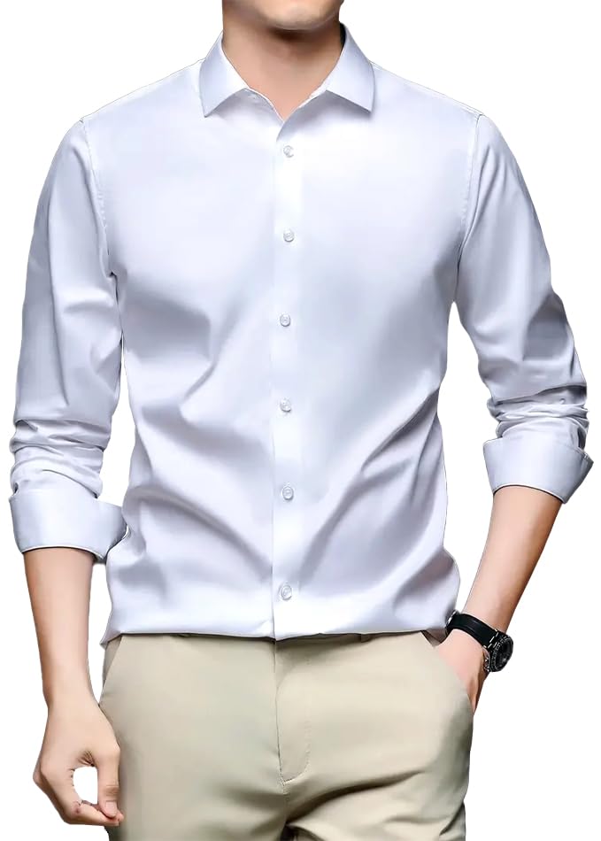 CB-COLEBROOK Mens Silk Satin Dress Shirts for Men Long Sleeve Button Down Shirts Party Prom Wedding Shirt Top (in, Alpha, M, Re