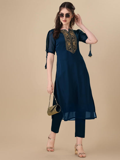 Goroly WomenS Silk Blended Solid Embroidered Pattern Straight Cut Kurta Pant With Puff Sleeve V-Neck Ankle Length And A-Line St