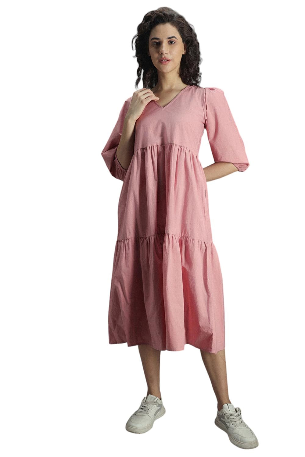 High Star Women'S Cotton Pleated Maxi Casual Dress (Hswdrs23005_Lp_Pink