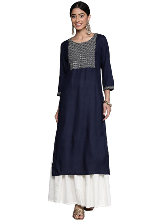 Libas Navy Blue Embellished Rayon Straight Kurta