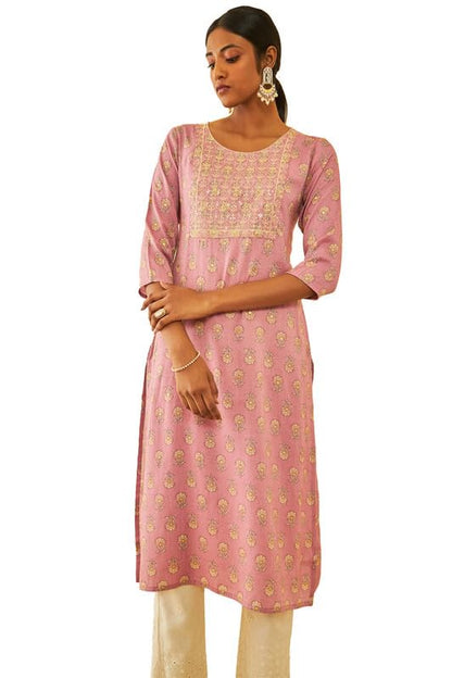 Soch Womens Onion Pink Rayon Floral Printed Straight Kurta with Thread Work