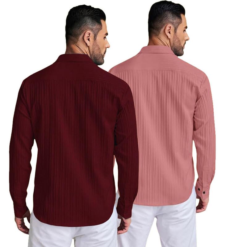 Deelmo Combo Of MenS Casual Button Down Shirts Long Sleeve Linen Shirt Fashion Textured Summer Shirts Pack Of 2