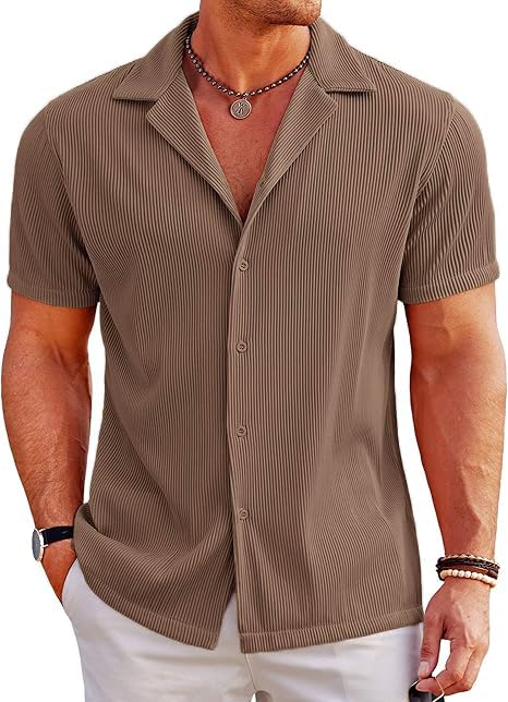 CB-COLEBROOK Mens Casual Button Down Shirts Short Sleeve Regular Fit Fashion Spread Beach Shirts Tops (in, Alpha, 2XL, Regular,