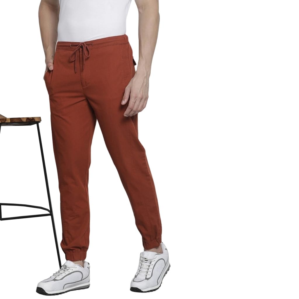 The Indian Garage Co Men Regular Fit Solid Mid-Rise Woven Joggers Orange
