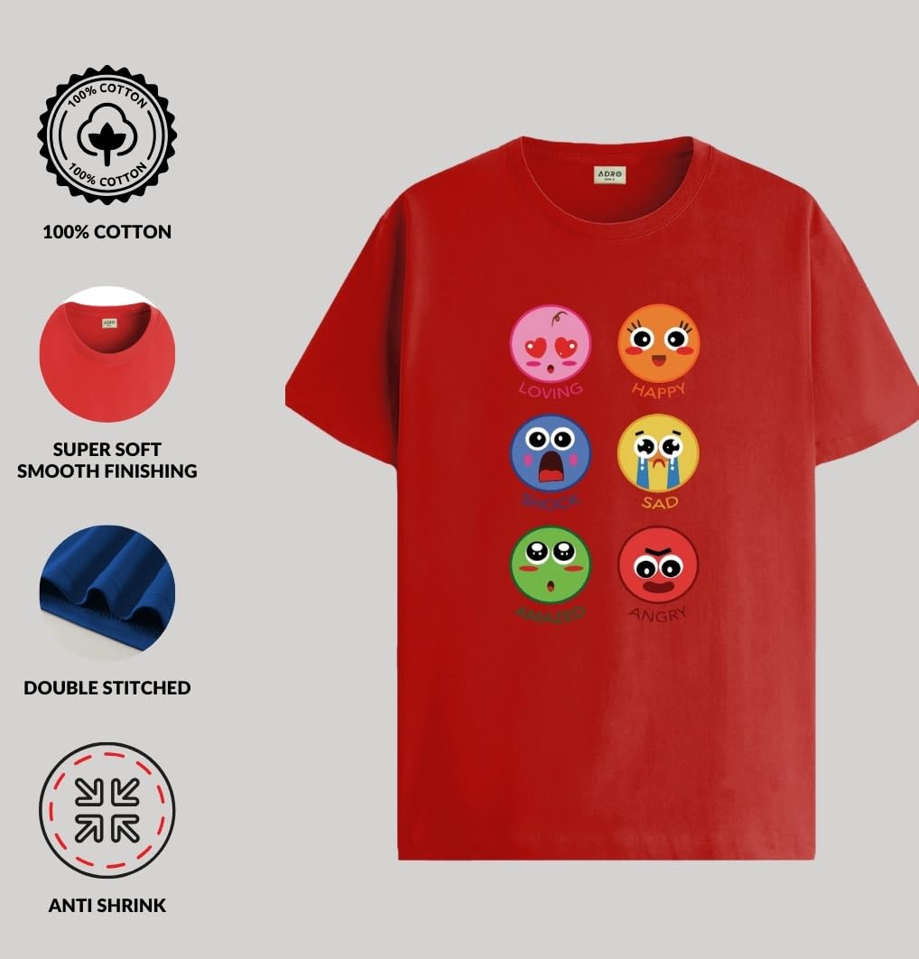 ADRO T Shirts for Boys & Girls || Emotions of Smiley Printed T-Shirt || Ages 3-14 || 100% Cotton Round Neck Tshirt for Boys & Gi