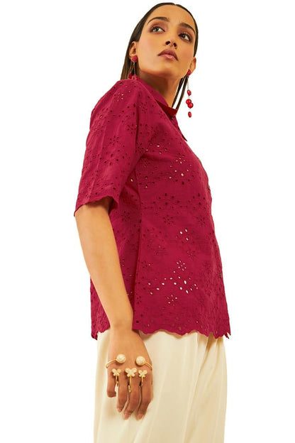 Soch Womens Red Schiffli Embroidery Spread Collar Cotton Tunic
