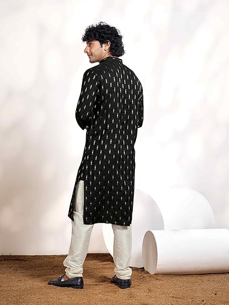 Vardha MenS Viscose Woven Jacquard Stitched Kurta, Coal Black Linear Striped & Diamond Jacquard Kurtas For Men, Mandarin Collar