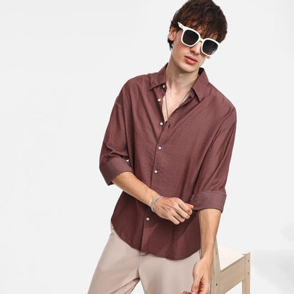Campus Sutra Mens Mocha Brown Breezy Wrinked Shirt for Casual Wear | Spread Collar | Long Sleeve | Button Closure | Shirt Craft